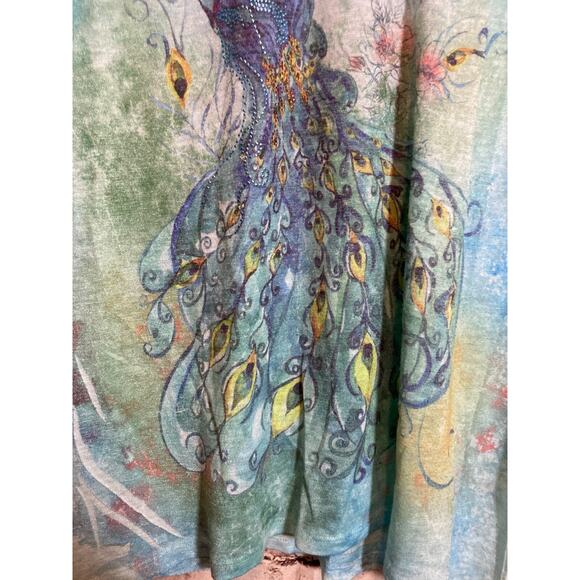 Studio Gem Q. Tunic Top Womens Large Turquoise Peacock Print Flowy Artsy Sequin - Picture 5 of 13